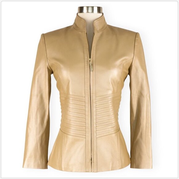 St. John Sport 100% Leather Pearl Metallic Gold Tan Zip Front Jacket P Petite - Picture 2 of 6